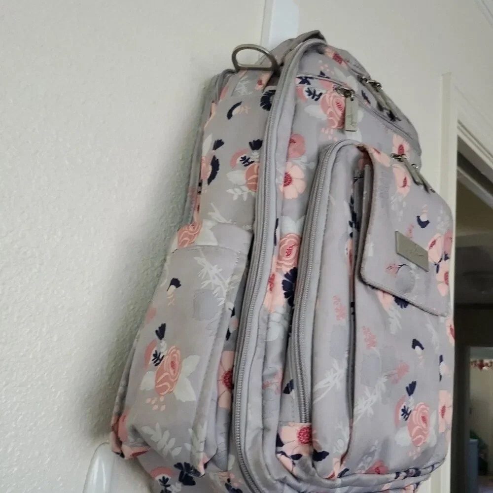 JuJuBe Be Right Back Multi-Function Diaper Backpack Floral Gray Multi Zip Pocket